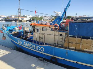 Blue fishing boat docked at a harbor, with a town and clear blue sky in the background.