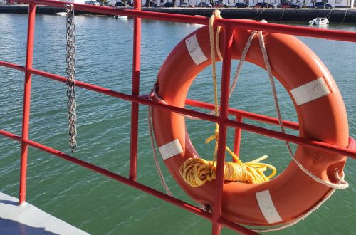 Orange lifebuoy secured to a red boat railing over calm harbor water with white buildings along the quay in the background.